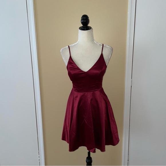 B DARLIN Satin Fit & Flare Dress in Wine - Picture 3 of 8